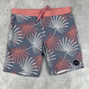 Rvca Board Shorts Mens 38 Gray Logo Tropical Swim Trunks Beach High Rise Pockets